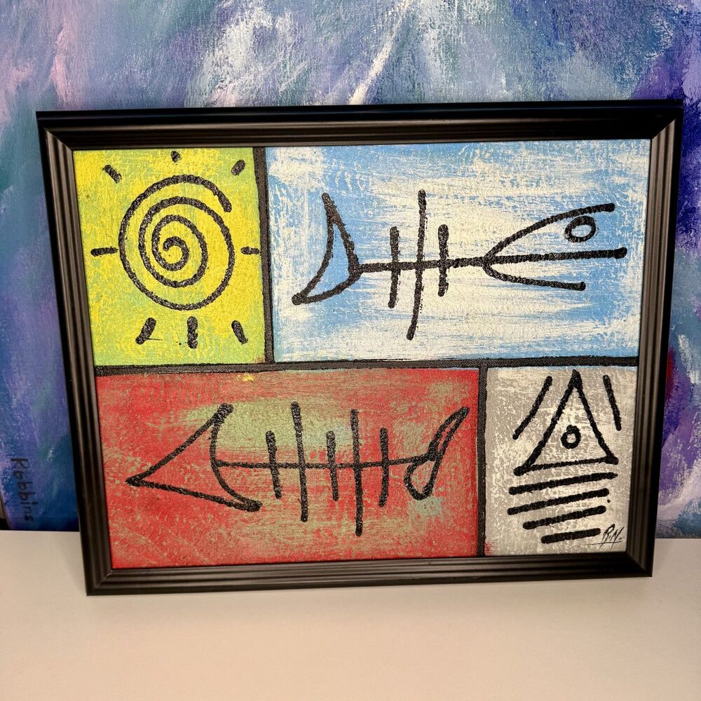 Abstract Pictographic Original Oil Painting Haitian Folk Art Signed RN Geometric